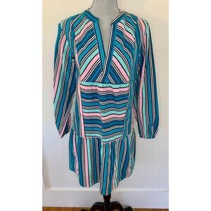 Marie Oliver Shift Dress in Blue Multi Striped Small Long Sleeve V-Neck Silk